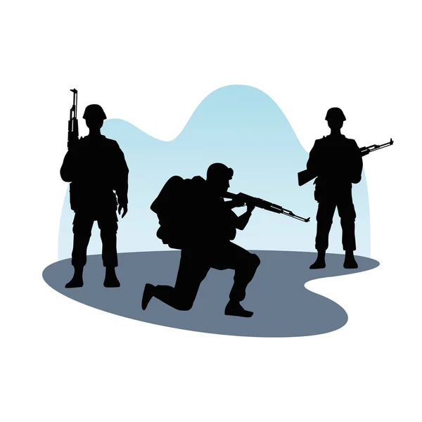 Three soldiers military silhouettes figures — Stock Vector