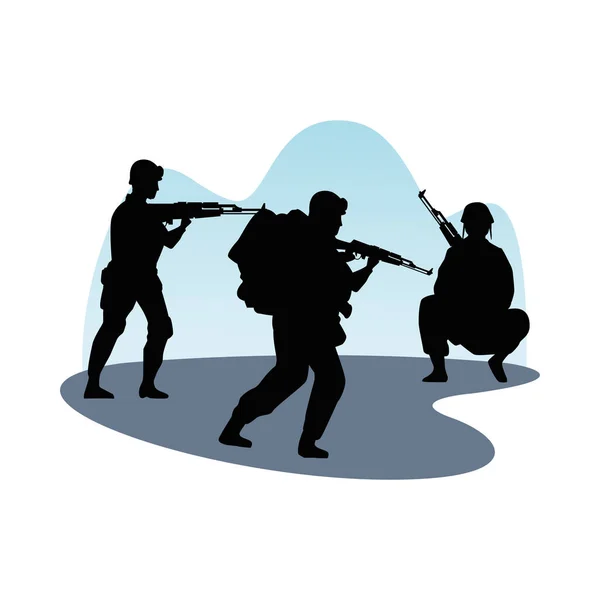 Drie soldaten militaire silhouetten figuren — Stockvector