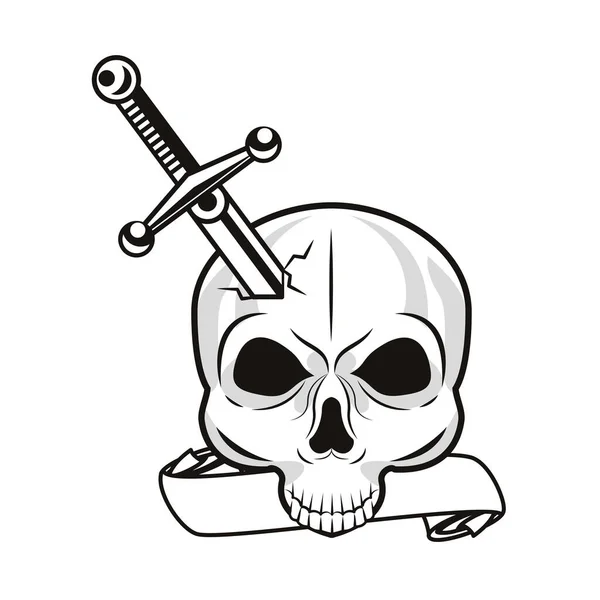 Arma de espada com crânio ícone de arte tatuagem — Vetor de Stock