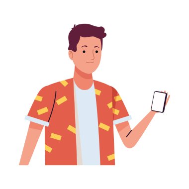 Akıllı telefon karakteri kullanan genç turist.