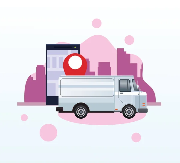 Witte bestelwagen voertuig vervoer met smartphone en gps scene — Stockvector