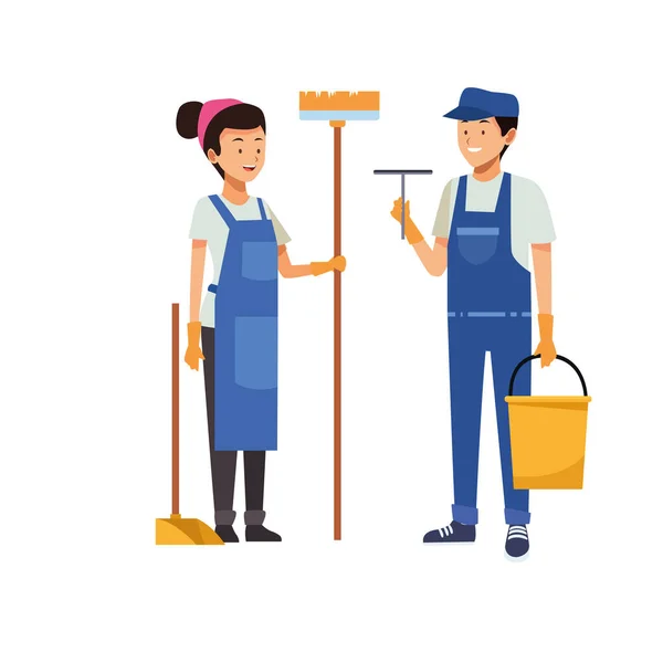 Empregada doméstica casal trabalhadores com ferramentas personagens — Vetor de Stock