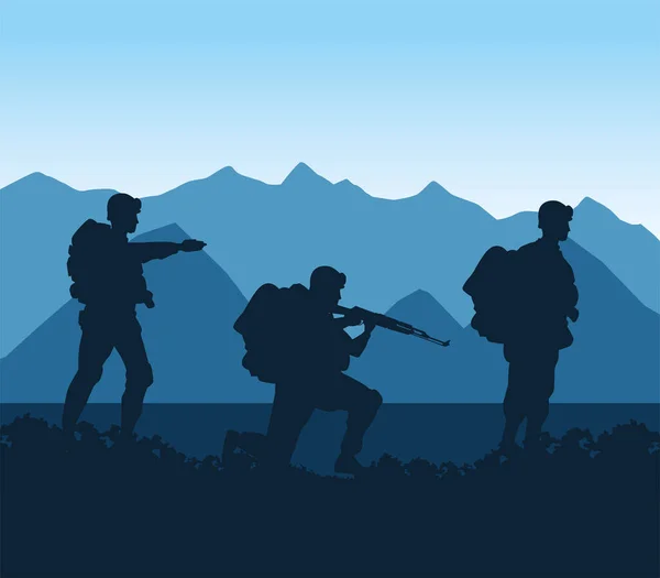 Figurines de soldats silhouettes dans la scène du camp — Image vectorielle