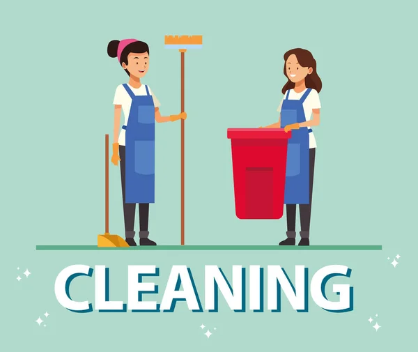 Equipe de limpeza trabalhadoras com ferramentas de equipamentos — Vetor de Stock