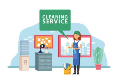 Kadın temizlikçi kova ve sprey şişe avatar karakteriyle