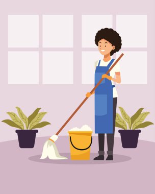 Temizlikçi kadın paspas ve kova avatar karakteri.