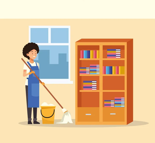 Limpeza do trabalhador feminino com esfregona e personagem avatar balde — Vetor de Stock