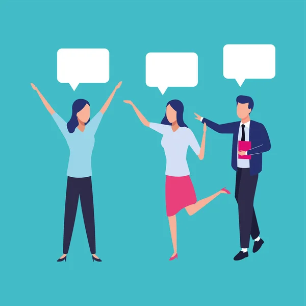Group of business people teamwork with speech bubbles characters — Stock Vector