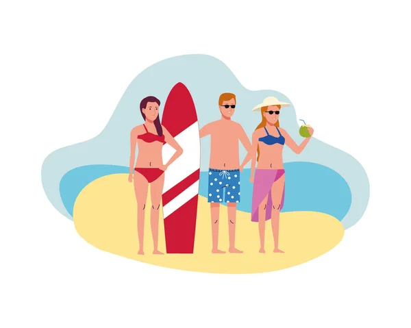 Jovens vestindo ternos de praia com personagens de prancha e coco —  Vetores de Stock