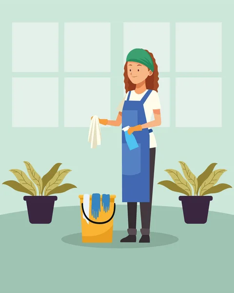 Femme de ménage travailleur avec seau et vaporisateur bouteille avatar caractère — Image vectorielle