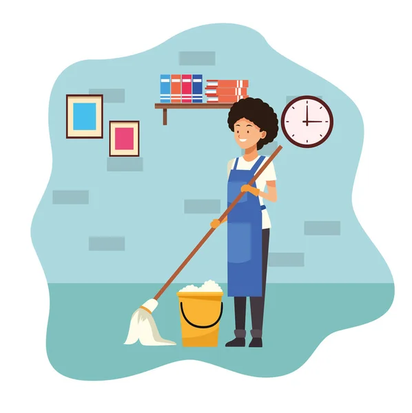 Limpeza do trabalhador feminino com esfregona e personagem avatar balde — Vetor de Stock