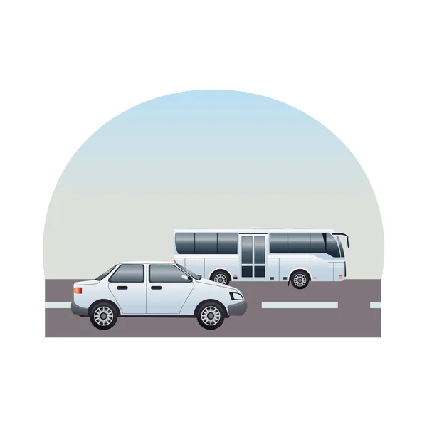 Autobús blanco transporte público y sedán vehículo icono — Vector de stock