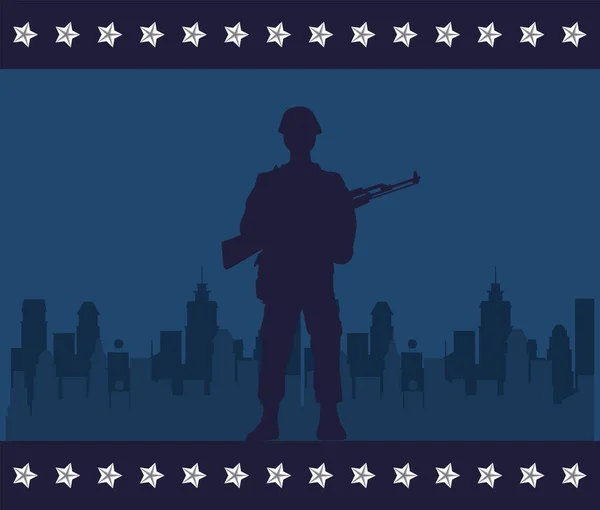 Солдат с фигуркой из винтовки на фоне городского пейзажа — стоковый вектор