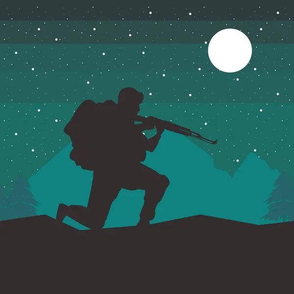 Geceleri tüfekli silueti olan asker. — Stok Vektör