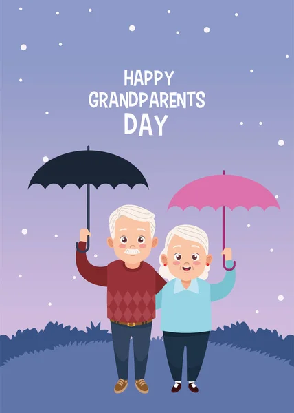 Heureux grand-parents carte de jour avec vieux couple parapluies de levage — Image vectorielle