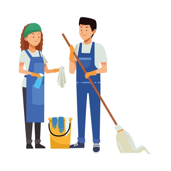 Limpieza pareja trabajadores con fregona y cubo — Vector de stock