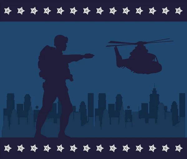Soldat avec fusil et silhouette d'hélicoptère en arrière-plan paysage urbain — Image vectorielle