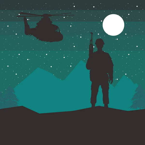 夜間にライフルとヘリコプターのシルエットを持つ兵士 — ストックベクタ