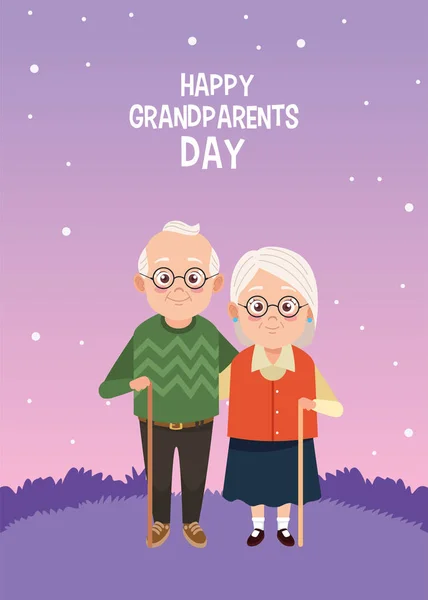 幸せな祖父母の日カードをキャンプにいる老夫婦と — ストックベクタ