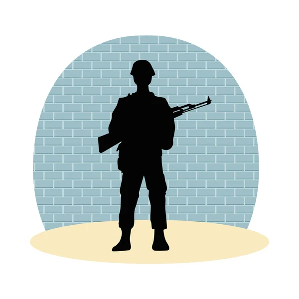 Soldaat militair met geweer silhouet met muur achtergrond — Stockvector