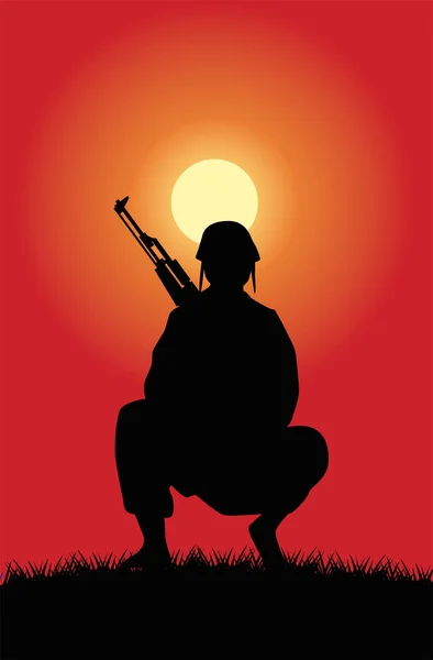 Στρατιώτης με τουφέκι σιλουέτα φιγούρα στο ηλιοβασίλεμα σκηνή — Διανυσματικό Αρχείο