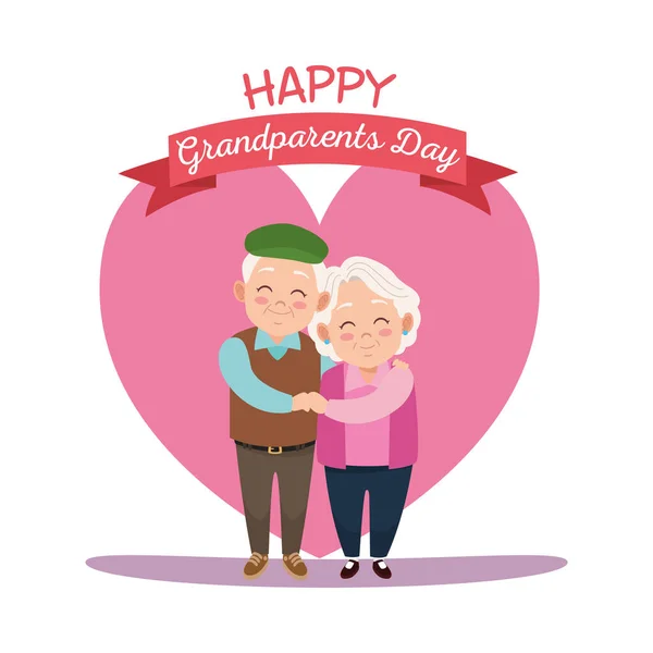 Happy grandparents day card with old couple in heart — Stock Vector