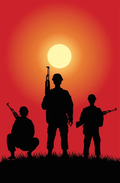 Soldater figurerar silhuetter vid solnedgången scen — Stock vektor
