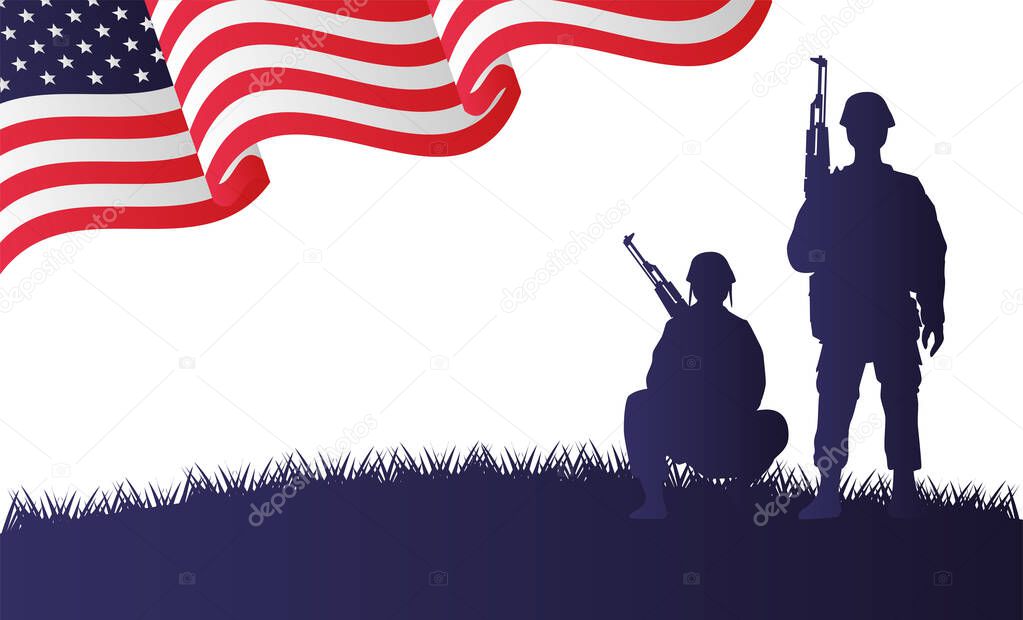 soldiers figures silhouettes in usa flag background