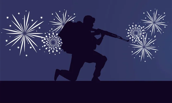 Soldado com rifle e fogos de artifício figura silhueta — Vetor de Stock