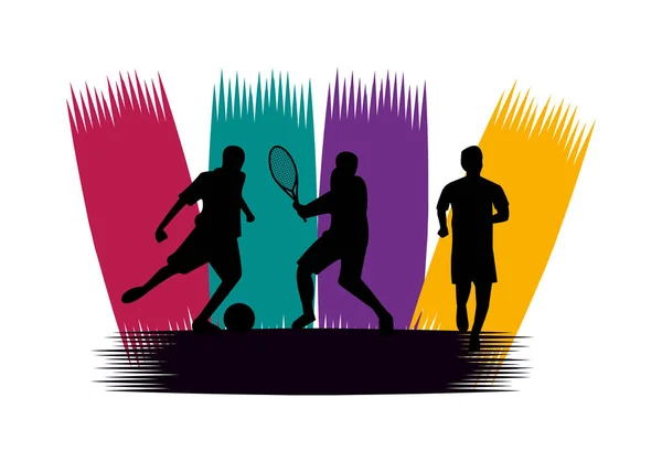 Gruppo di persone atletiche che praticano silhouette sportive — Vettoriale Stock