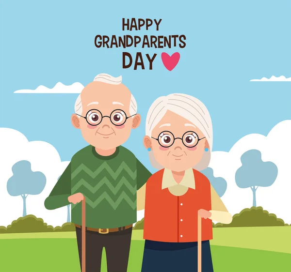 Щаслива листівка дня бабусі і дідуся зі старою парою в таборі — стоковий вектор
