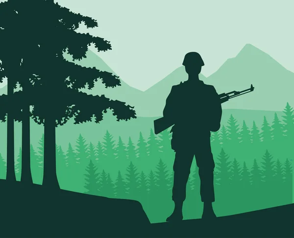 Soldat med gevärsfigur siluett i djungeln — Stock vektor