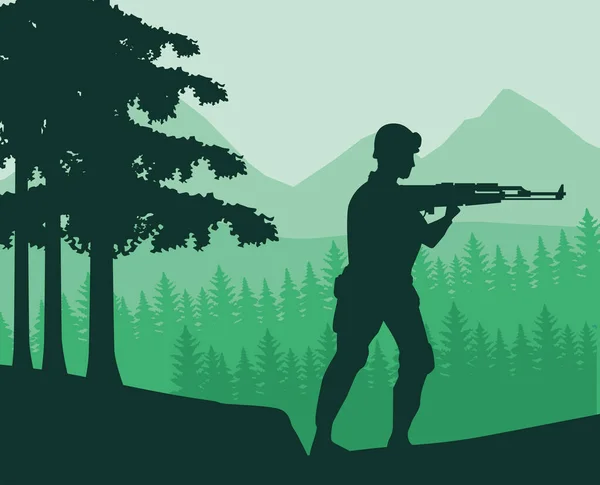 Tentara dengan siluet figur senapan di hutan - Stok Vektor