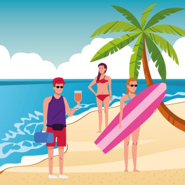 Plaj karakterlerinde mayo giyen gençler