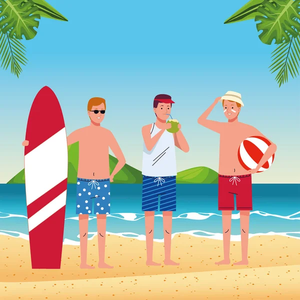 Homens jovens vestindo trajes de banho nas personagens da praia — Vetor de Stock