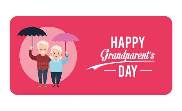 Happy grandparents day card with old couple lifting umbrellas — Stock Vector