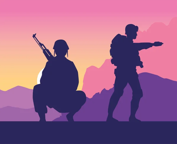 Soldaten figuren silhouetten bij zonsondergang scène — Stockvector