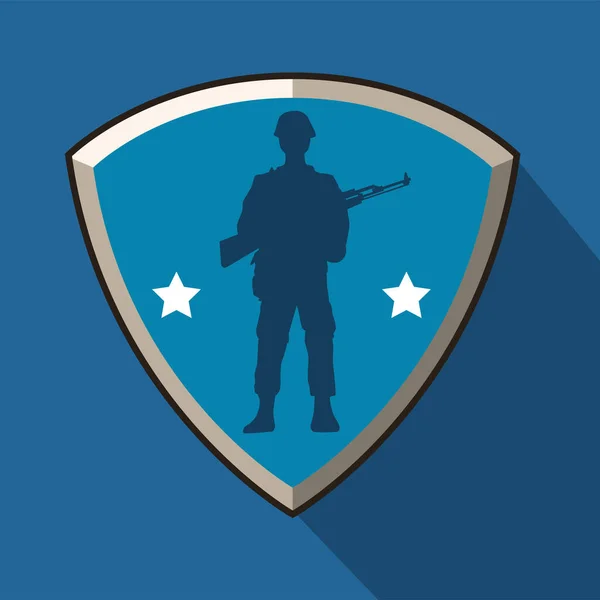 Soldado con silueta de figura de rifle en escudo — Vector de stock