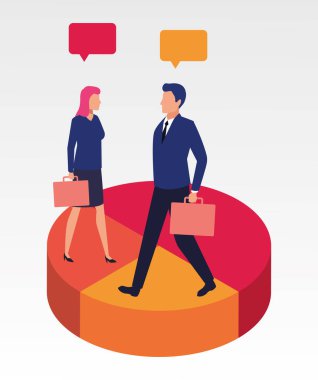 İstatistiksel turtada konuşma baloncukları olan genç iş çifti takım çalışması