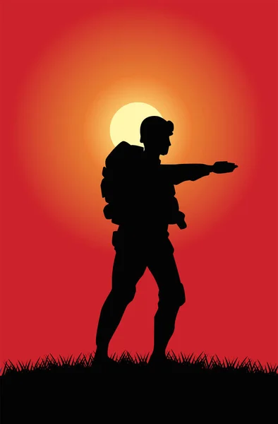 Silhouette de soldat dans la scène du coucher du soleil — Image vectorielle