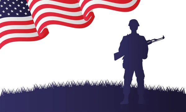 Soldato con silhouette figura fucile in sfondo bandiera degli Stati Uniti — Vettoriale Stock