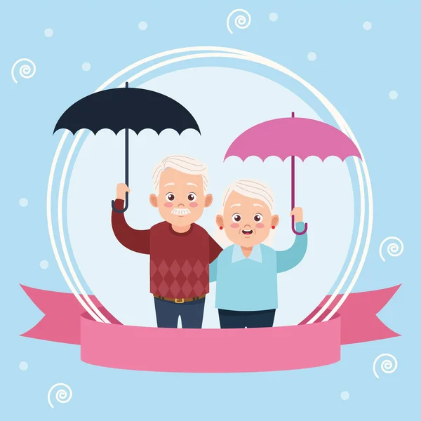 Yaşlı çiftin şemsiye kaldırdığı mutlu büyükanne ve büyükbaba günü kartı — Stok Vektör