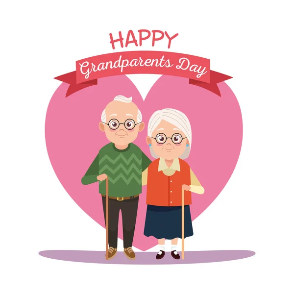 Cartão de dia feliz avós com casal de idade no coração —  Vetores de Stock