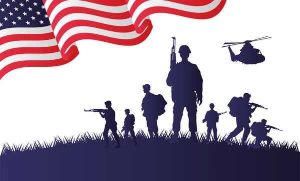 Soldados e figuras de helicóptero silhuetas no fundo da bandeira dos EUA — Vetor de Stock