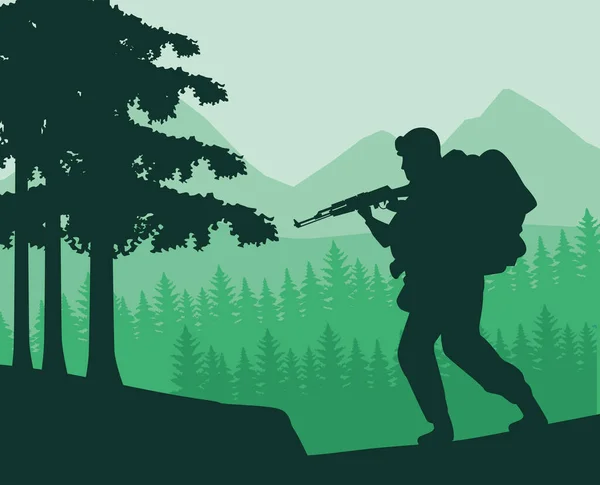 Soldier with rifle figure silhouette in the jungle — Stock Vector