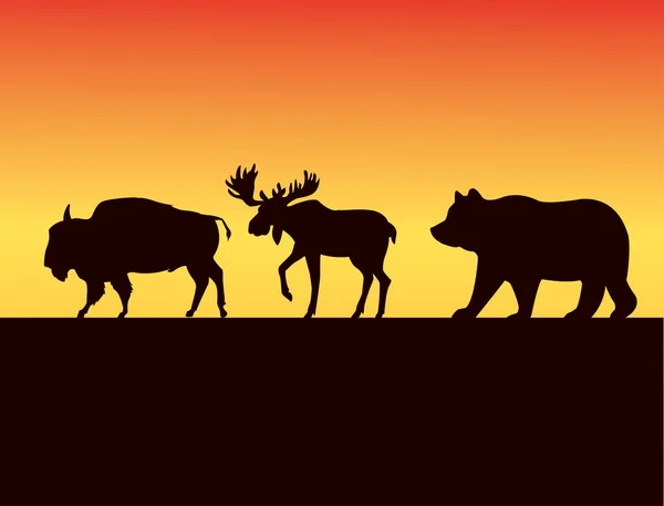 夕日の風景の中に野生動物のシルエットのグループ — ストックベクタ