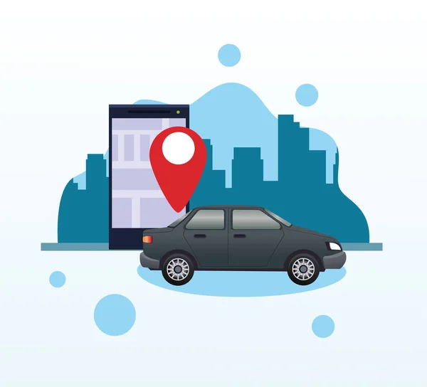 Fekete szedán autó okostelefonnal és GPS alkalmazással — Stock Vector