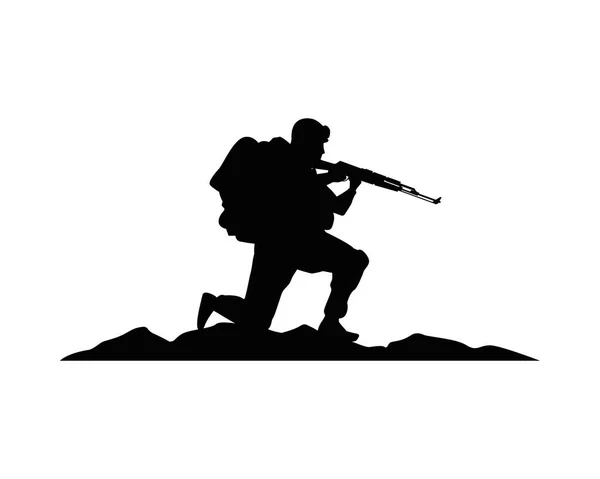 Soldat militaire avec silhouette de fusil dans le camp — Image vectorielle