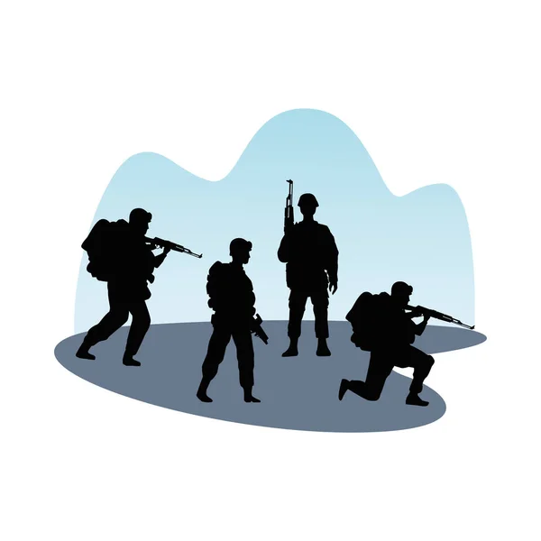 Dört asker askeri siluet figürü — Stok Vektör