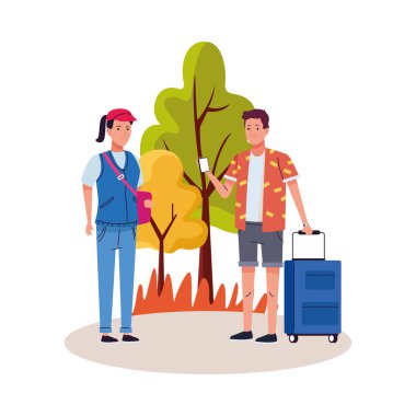 Bavul karakterli genç turistler.